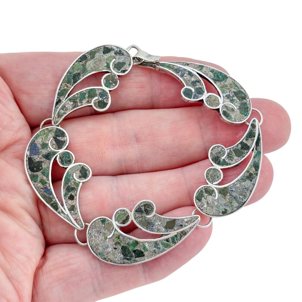 Vintage Sterling Silver 925 Mosaic Stone Bracelet 7"